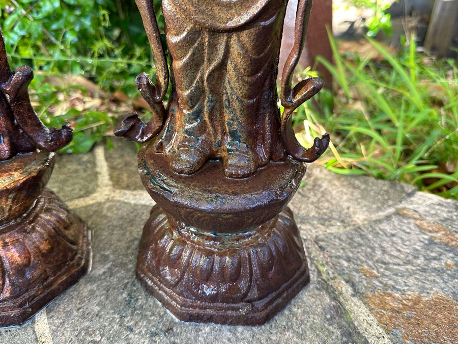 Pair Of Old Cast Iron Japanese Standing Buddha Guan Yin Kannon Statues 23.5H [Photo 8]
