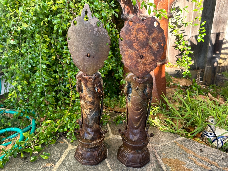 Pair Of Old Cast Iron Japanese Standing Buddha Guan Yin Kannon Statues 23.5H [Photo 12]