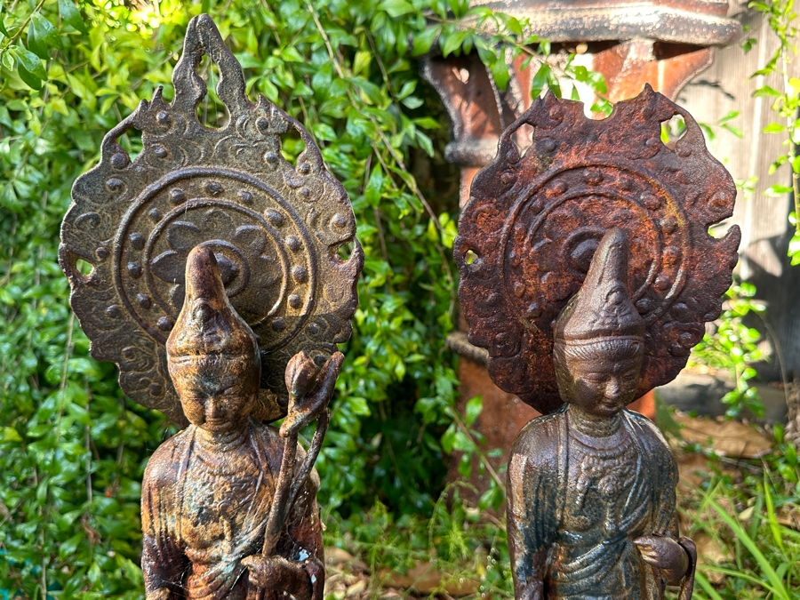 Pair Of Old Cast Iron Japanese Standing Buddha Guan Yin Kannon Statues 23.5H [Photo 16]