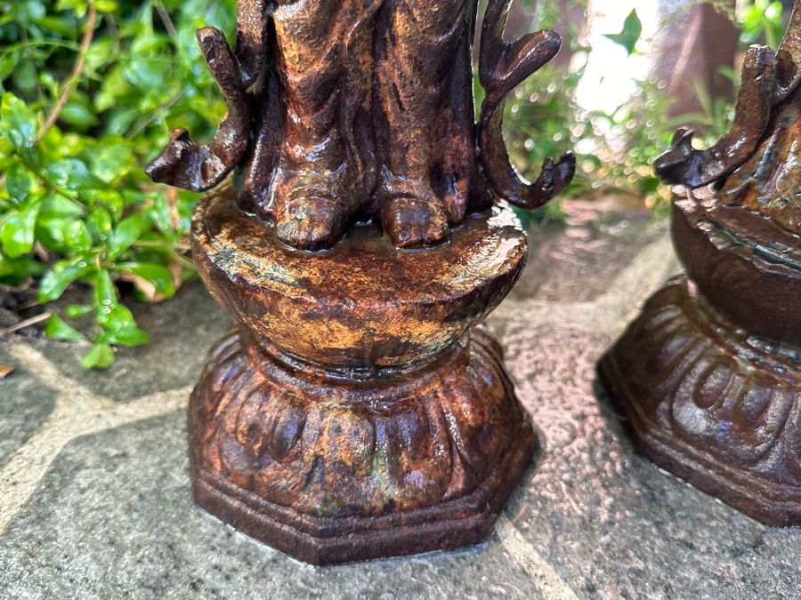 Pair Of Old Cast Iron Japanese Standing Buddha Guan Yin Kannon Statues 23.5H [Photo 7]