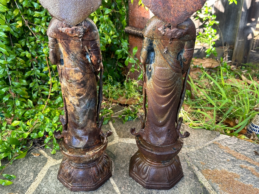 Pair Of Old Cast Iron Japanese Standing Buddha Guan Yin Kannon Statues 23.5H [Photo 13]