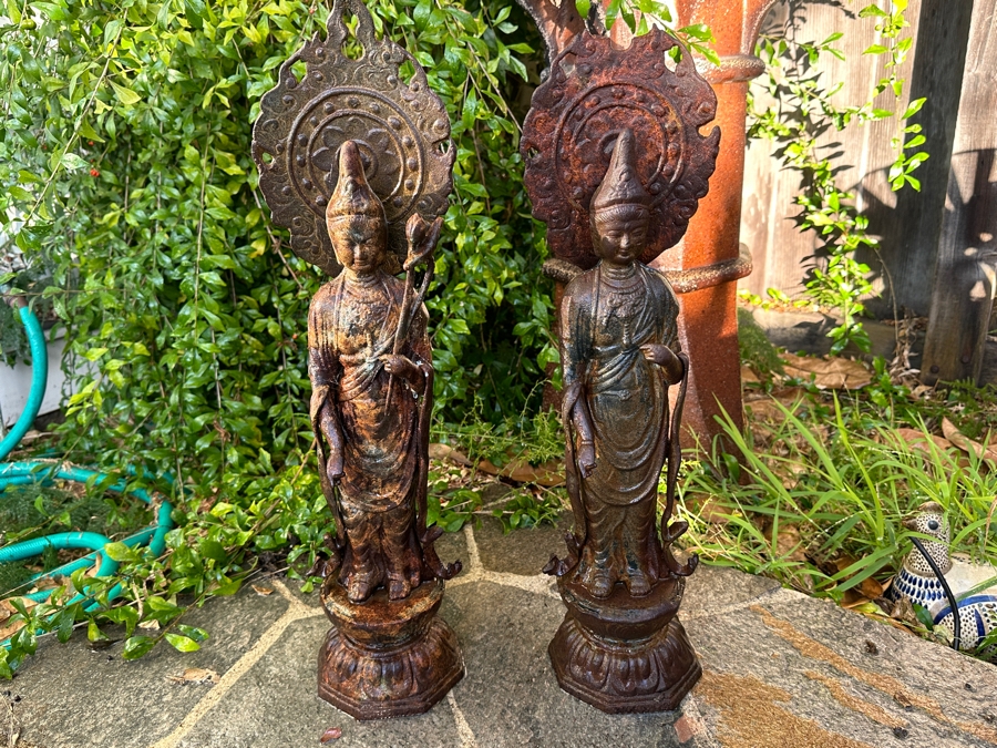 Pair Of Old Cast Iron Japanese Standing Buddha Guan Yin Kannon Statues 23.5H [Photo 15]