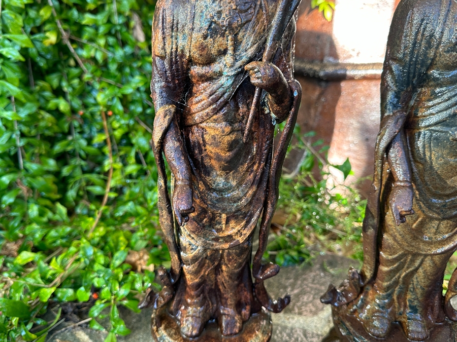 Pair Of Old Cast Iron Japanese Standing Buddha Guan Yin Kannon Statues 23.5H [Photo 6]