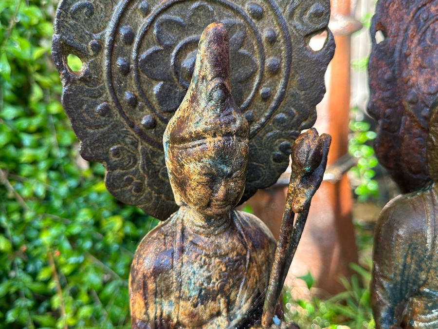Pair Of Old Cast Iron Japanese Standing Buddha Guan Yin Kannon Statues 23.5H [Photo 5]