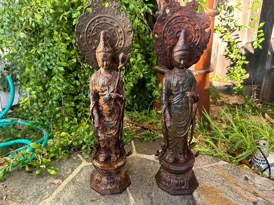 Pair Of Old Cast Iron Japanese Standing Buddha Guan Yin Kannon Statues 23.5H [Photo 14]