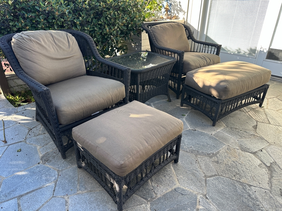 Outdoor Furniture Set With Pair Of Armchairs With Ottomans And Glass Top Side Table By Lane Venture