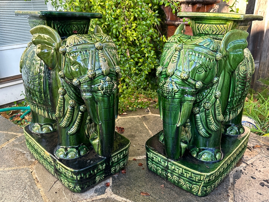 Pair Of Vintage Mid-Century Emerald Green Pottery Elephant Garden Stools 17W X 11D X 23H [Photo 8]