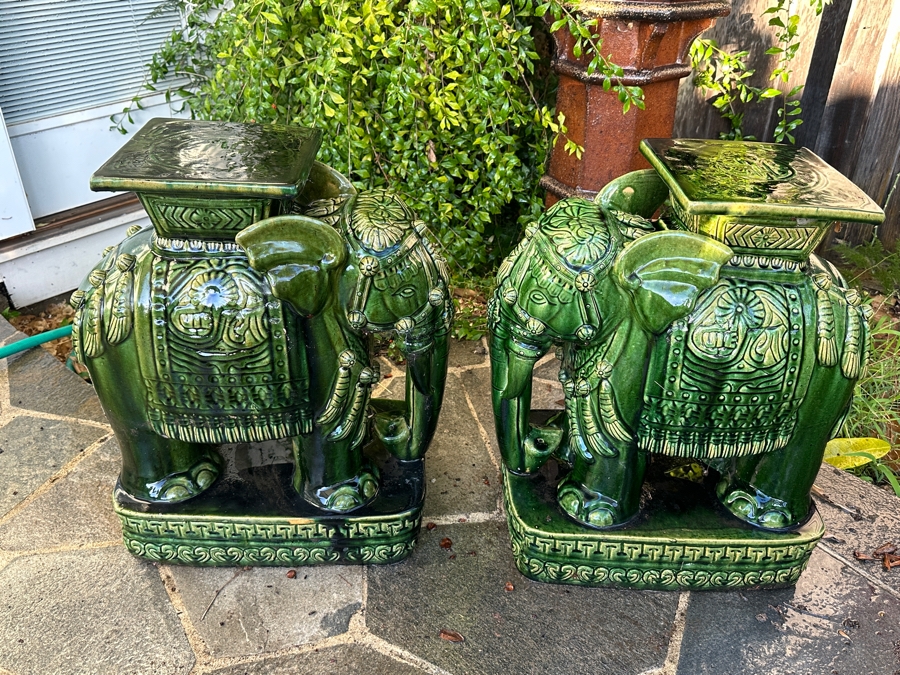 Pair Of Vintage Mid-Century Emerald Green Pottery Elephant Garden Stools 17W X 11D X 23H [Photo 3]