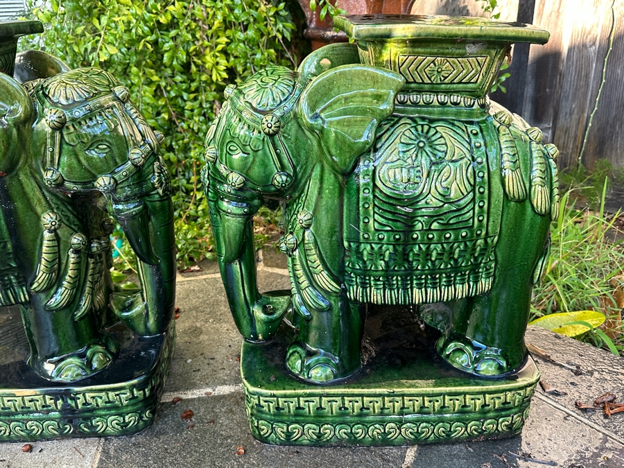 Pair Of Vintage Mid-Century Emerald Green Pottery Elephant Garden Stools 17W X 11D X 23H [Photo 5]