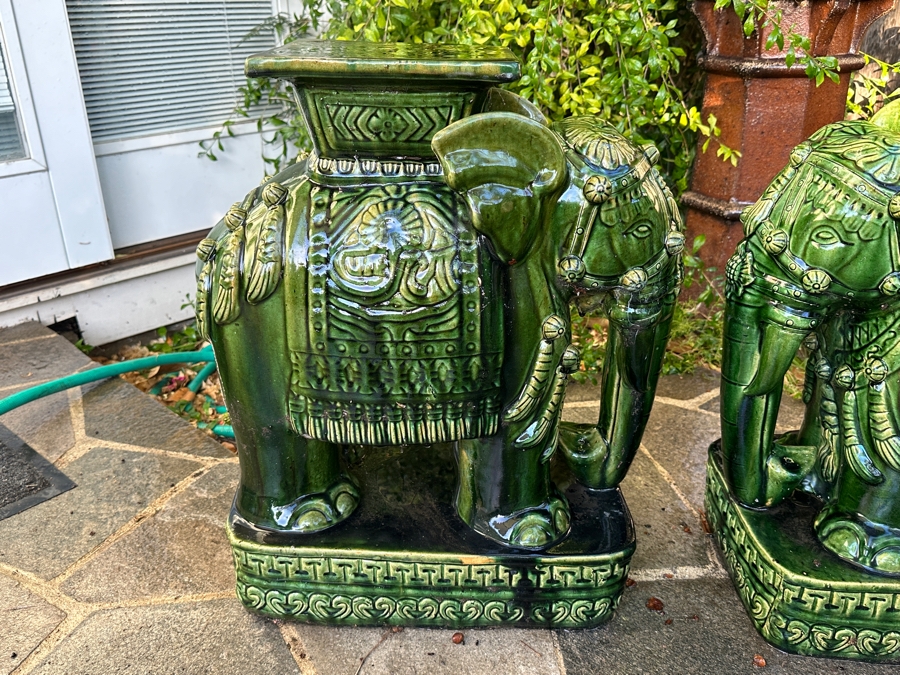 Pair Of Vintage Mid-Century Emerald Green Pottery Elephant Garden Stools 17W X 11D X 23H [Photo 4]