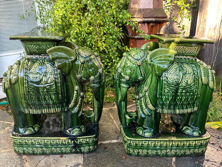 Pair Of Vintage Mid-Century Emerald Green Pottery Elephant Garden Stools 17W X 11D X 23H [Photo 1]