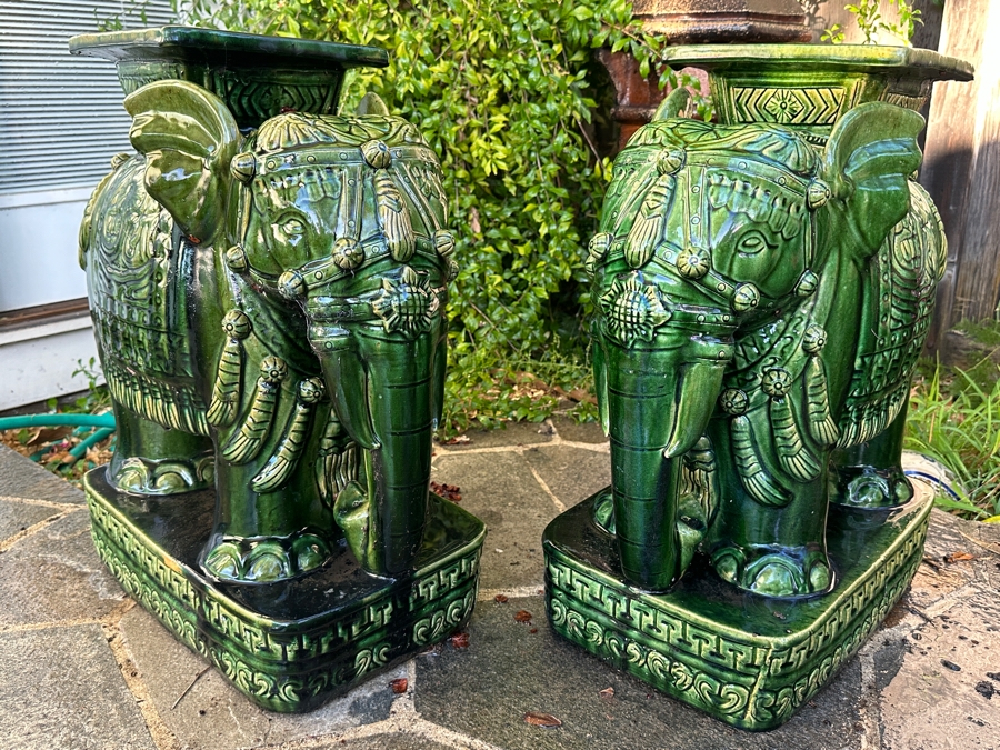 Pair Of Vintage Mid-Century Emerald Green Pottery Elephant Garden Stools 17W X 11D X 23H [Photo 6]