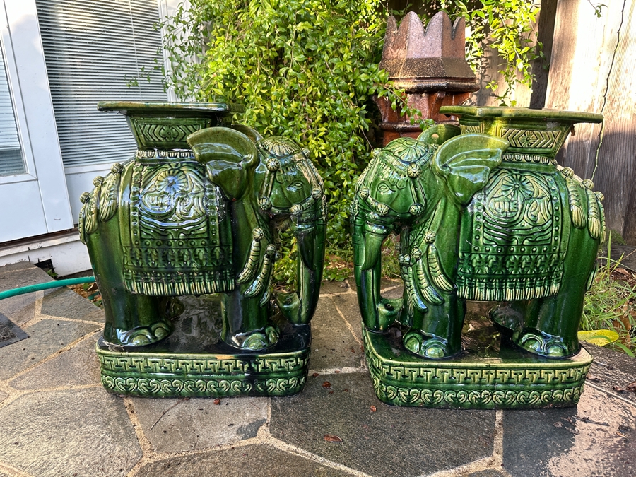 Pair Of Vintage Mid-Century Emerald Green Pottery Elephant Garden Stools 17W X 11D X 23H [Photo 2]