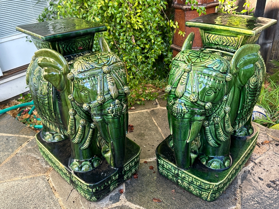 Pair Of Vintage Mid-Century Emerald Green Pottery Elephant Garden Stools 17W X 11D X 23H [Photo 7]