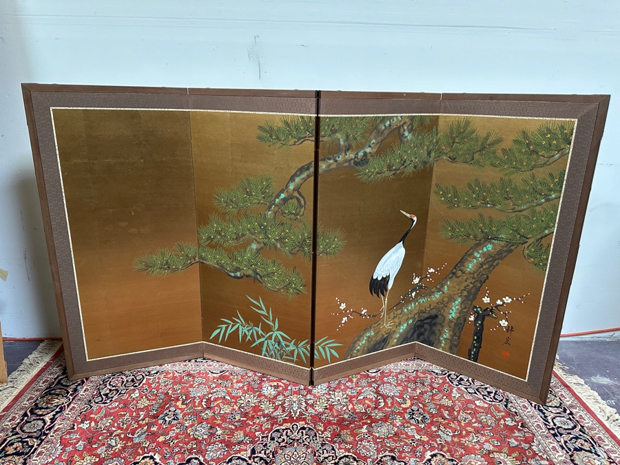 Vintage Japanese Hand Painted 4-Panel Screen Of A Red-Crowned Crane Signed 65W X 36H [Photo 2]