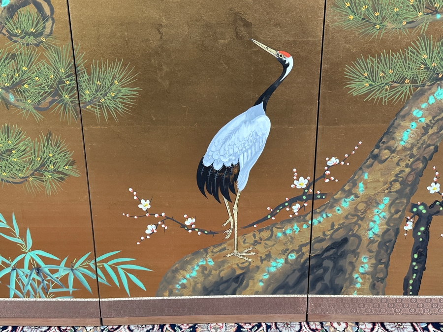Vintage Japanese Hand Painted 4-Panel Screen Of A Red-Crowned Crane Signed 65W X 36H [Photo 4]