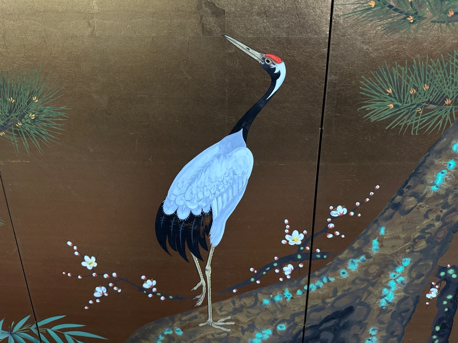 Vintage Japanese Hand Painted 4-Panel Screen Of A Red-Crowned Crane Signed 65W X 36H [Photo 8]