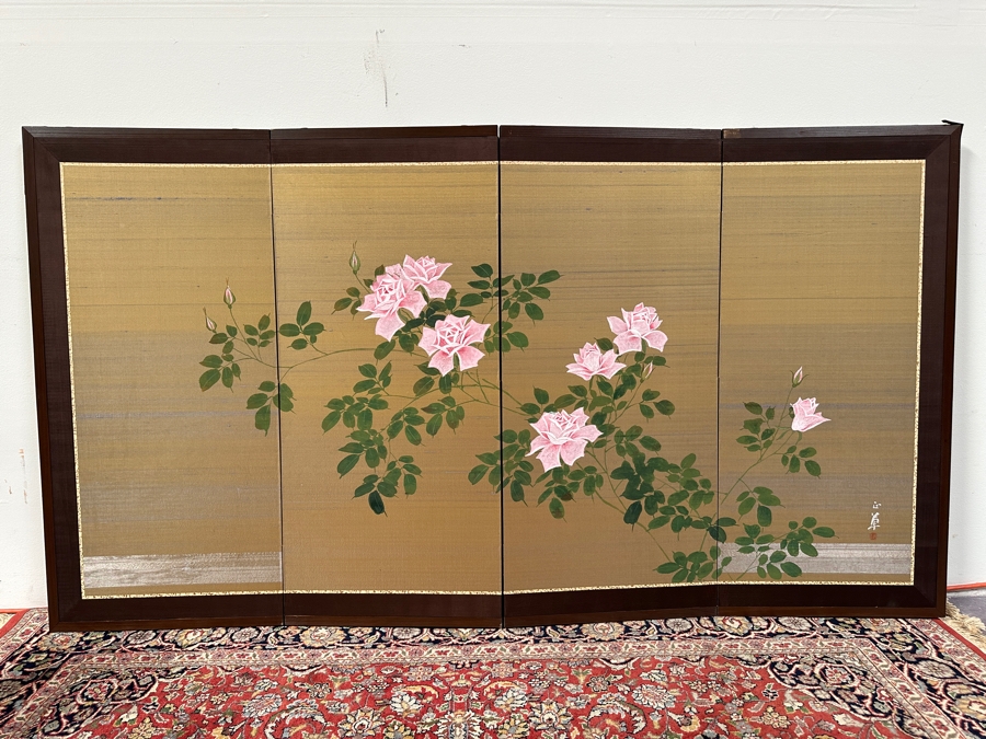 Vintage Japanese Hand Painted 4-Panel Screen Signed 65W X 36H [Photo 3]