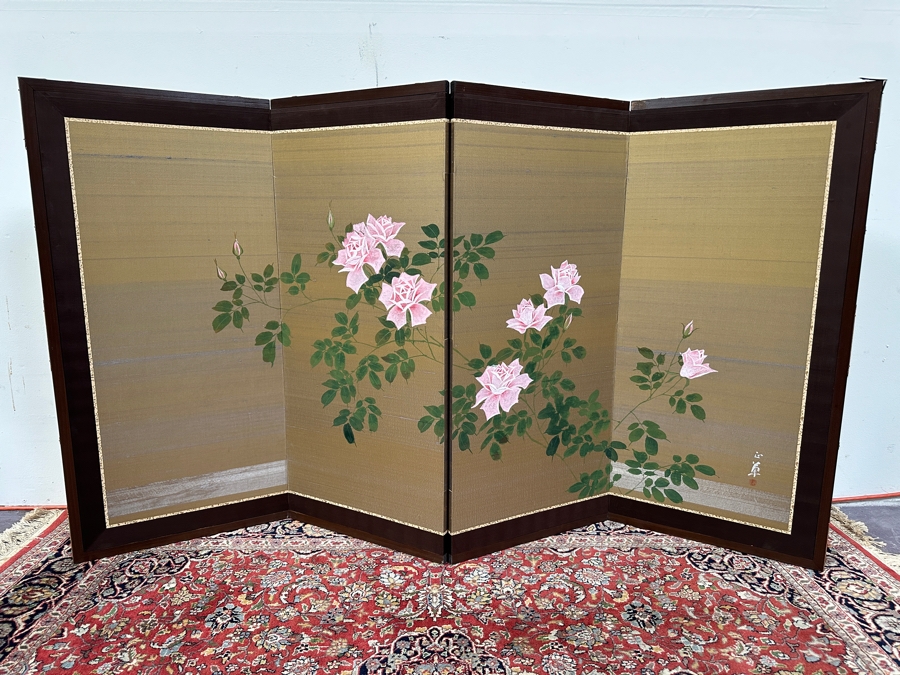 Vintage Japanese Hand Painted 4-Panel Screen Signed 65W X 36H [Photo 2]
