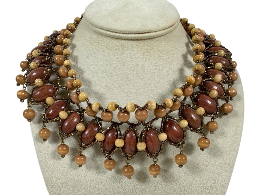 Vintage 17' Bib Necklace With Wooden Beads