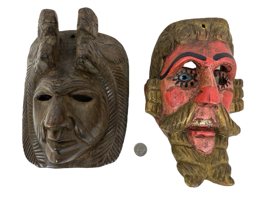 Pair Of Vintage Hand Carved Wooden Mexican Masks