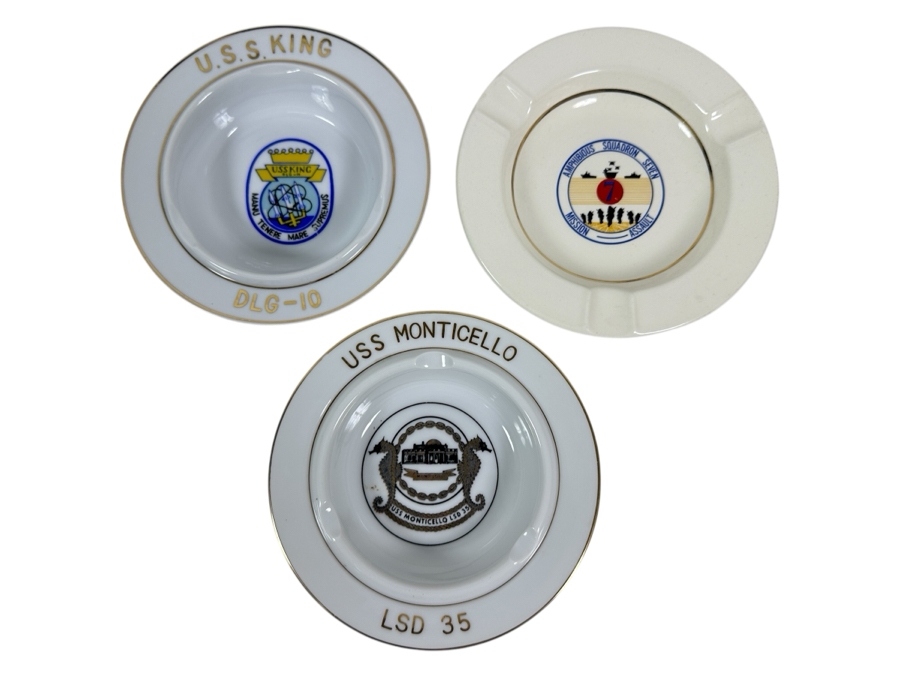 Three Vintage US Navy Ashtrays: USS King, USS Monticello And Amphibious Squadron Seven