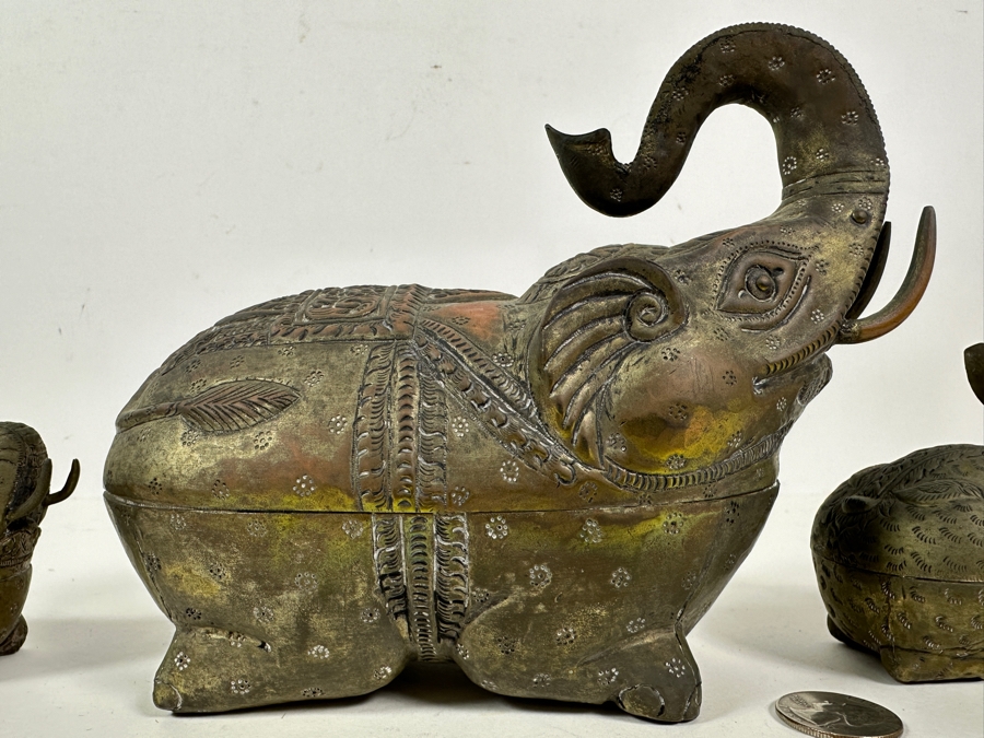 Vintage Cambodian Metal Betel Nut Boxes: Two Elephants And One Rabbit [Photo 5]