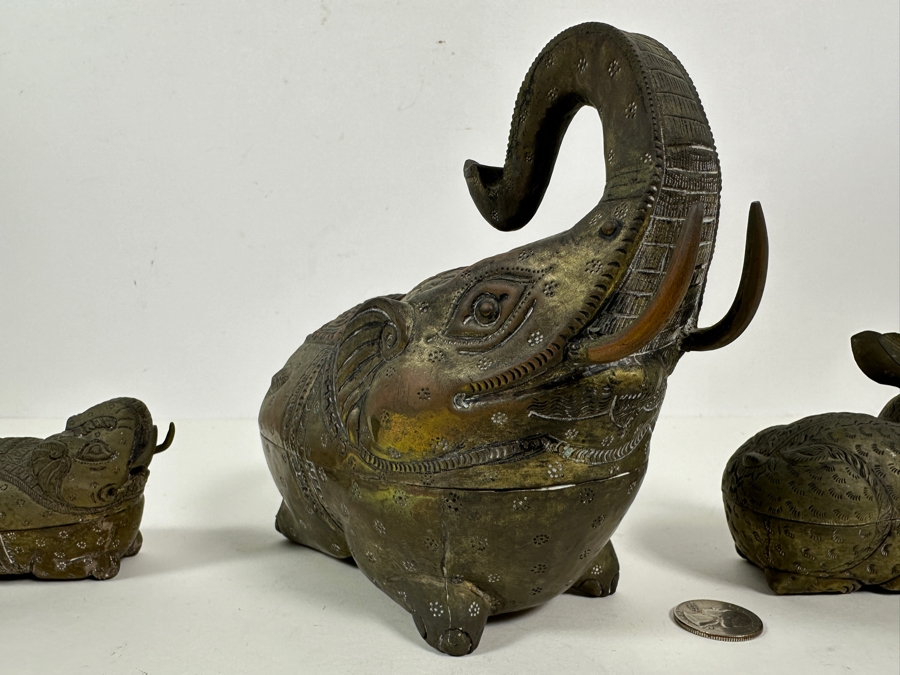 Vintage Cambodian Metal Betel Nut Boxes: Two Elephants And One Rabbit [Photo 6]