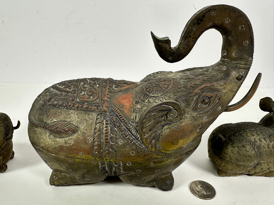Vintage Cambodian Metal Betel Nut Boxes: Two Elephants And One Rabbit [Photo 3]