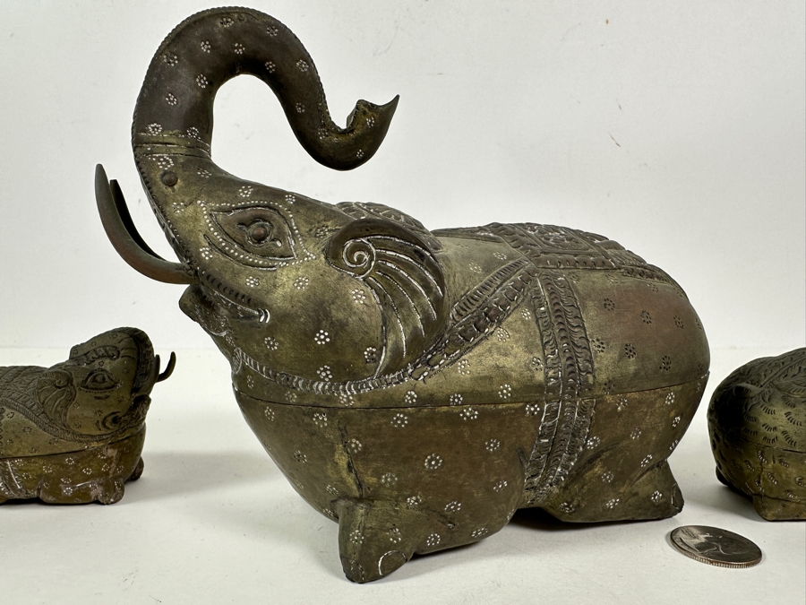 Vintage Cambodian Metal Betel Nut Boxes: Two Elephants And One Rabbit [Photo 7]