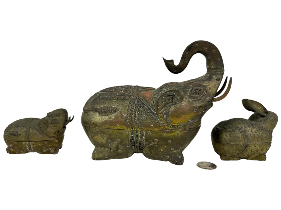 Vintage Cambodian Metal Betel Nut Boxes: Two Elephants And One Rabbit