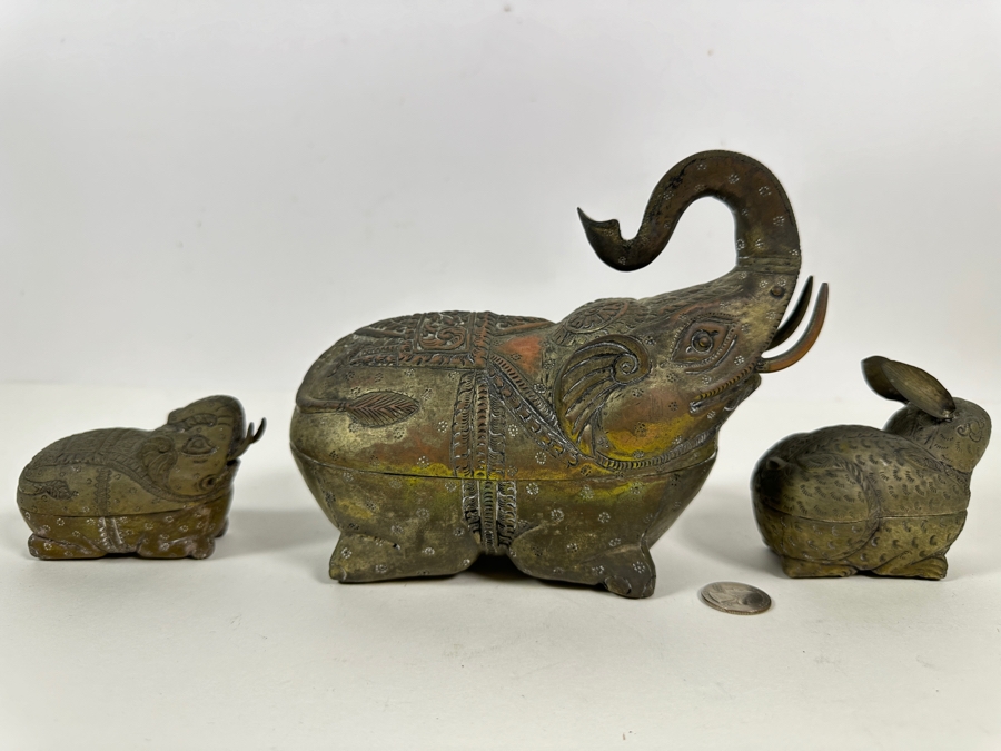 Vintage Cambodian Metal Betel Nut Boxes: Two Elephants And One Rabbit [Photo 2]