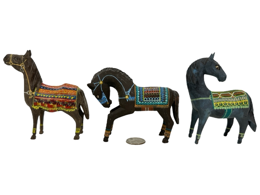 Three Vintage Hand Carved Hand Painted Wooden Horses 4.5H [Photo 1]