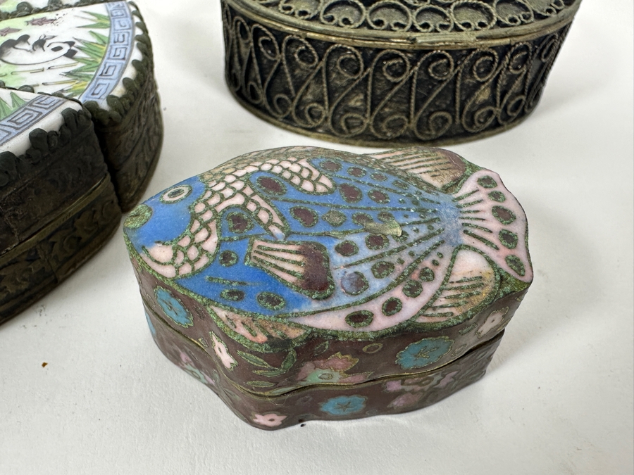 Collection Of Vintage Asian Metal Boxes Porcelain Cloisonne [Photo 6]