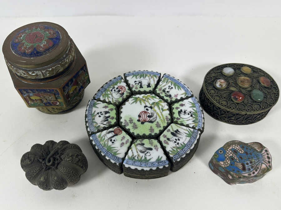 Collection Of Vintage Asian Metal Boxes Porcelain Cloisonne [Photo 2]