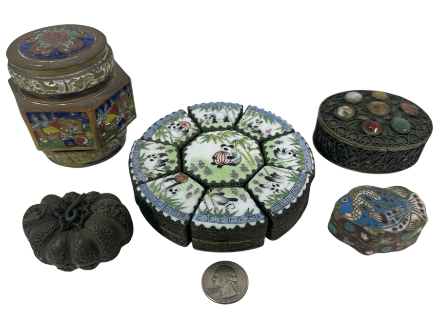 Collection Of Vintage Asian Metal Boxes Porcelain Cloisonne [Photo 1]