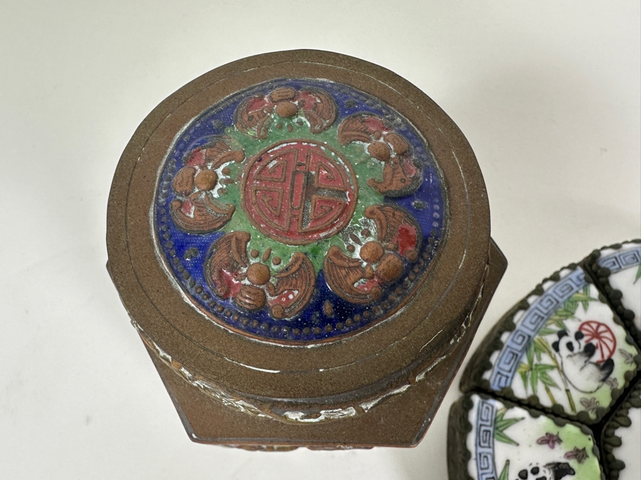 Collection Of Vintage Asian Metal Boxes Porcelain Cloisonne [Photo 8]
