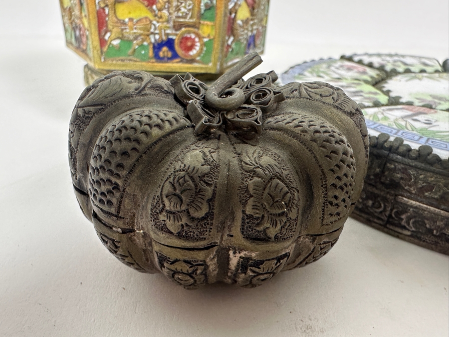 Collection Of Vintage Asian Metal Boxes Porcelain Cloisonne [Photo 10]