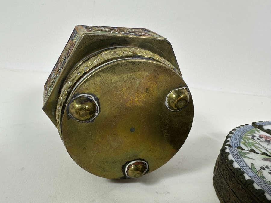 Collection Of Vintage Asian Metal Boxes Porcelain Cloisonne [Photo 14]