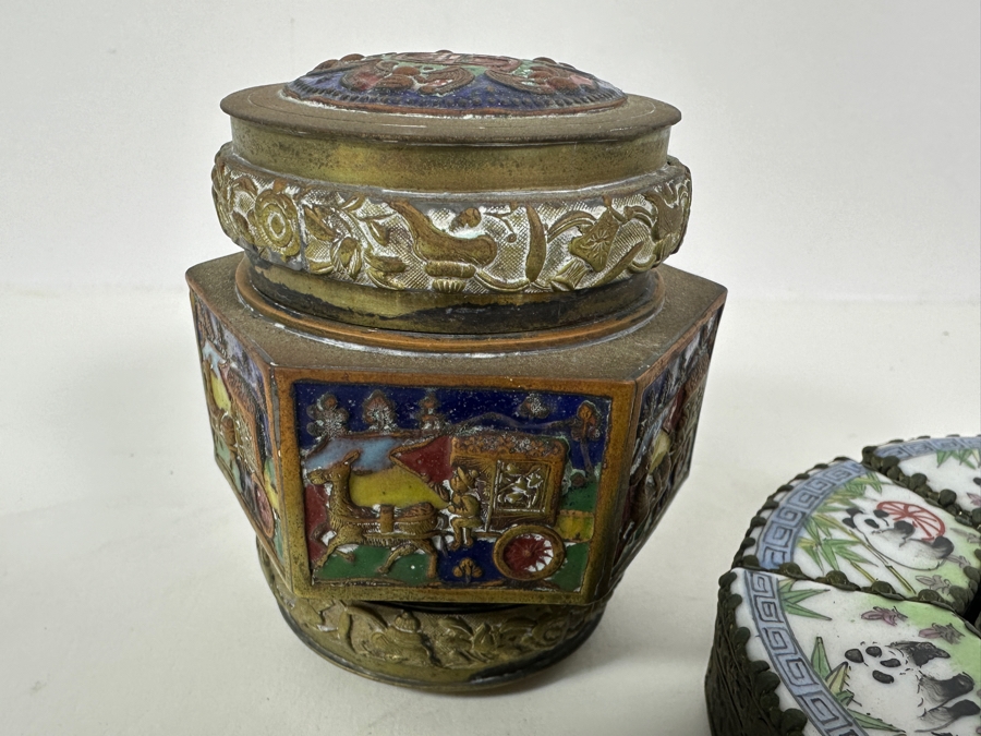Collection Of Vintage Asian Metal Boxes Porcelain Cloisonne [Photo 9]