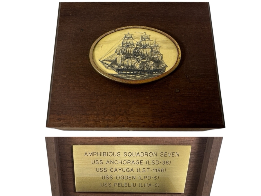Vintage Wooden Box With Brass Plaque 'Amphibious Squadron Seven: USS Anchorage, USS Cayuga, USS Ogden, USS Peleliu' 5.5W X 4.5D X 2H [Photo 1]