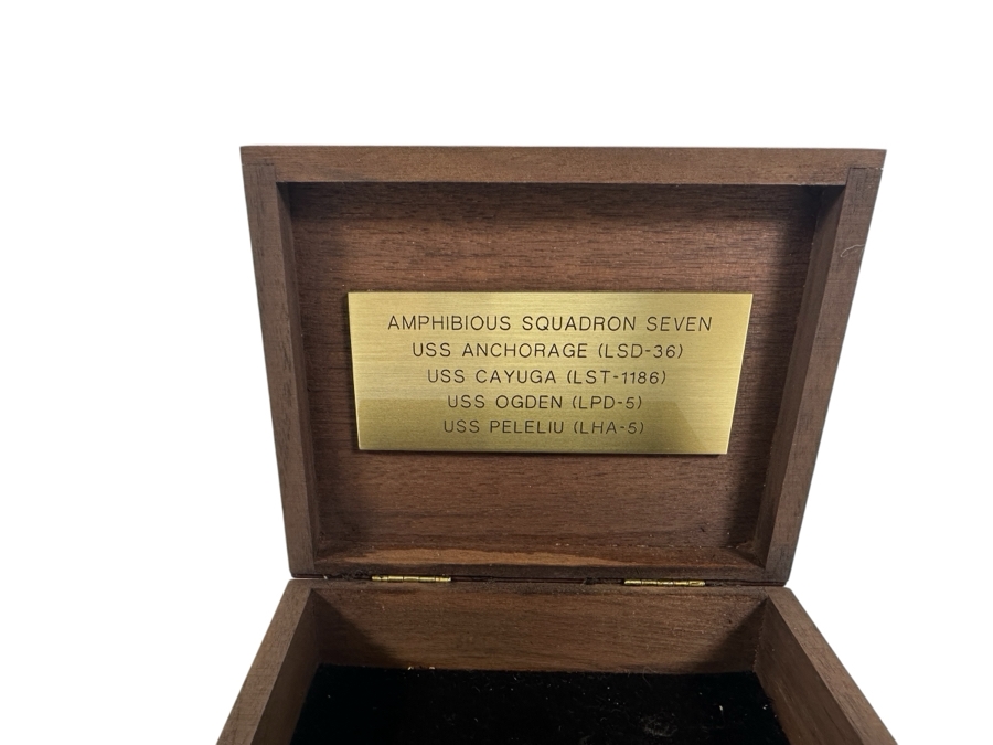 Vintage Wooden Box With Brass Plaque 'Amphibious Squadron Seven: USS Anchorage, USS Cayuga, USS Ogden, USS Peleliu' 5.5W X 4.5D X 2H [Photo 3]