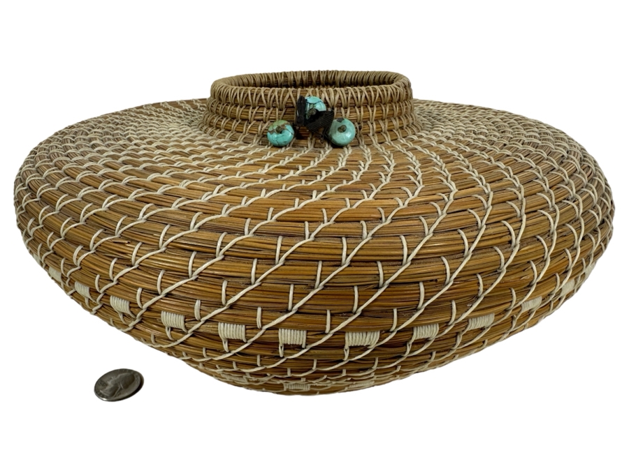 Carol E. Lang Basket With Longleaf Pine Needles, Cotton Yarn And Turquoise Beads 11W X 6H Retails $150 [Photo 1]