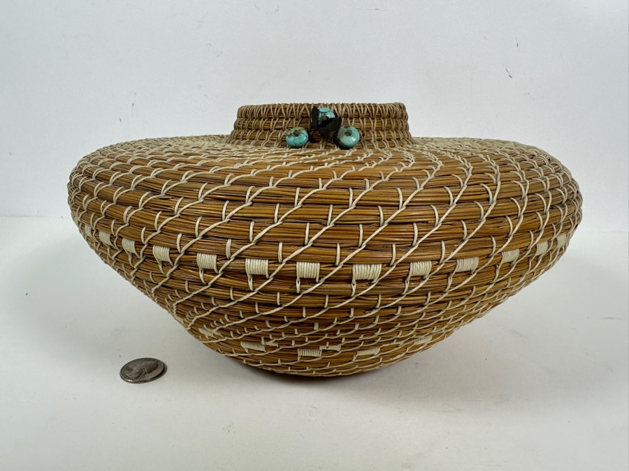 Carol E. Lang Basket With Longleaf Pine Needles, Cotton Yarn And Turquoise Beads 11W X 6H Retails $150 [Photo 5]