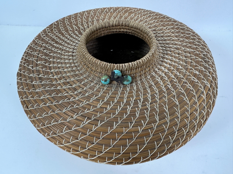 Carol E. Lang Basket With Longleaf Pine Needles, Cotton Yarn And Turquoise Beads 11W X 6H Retails $150 [Photo 4]