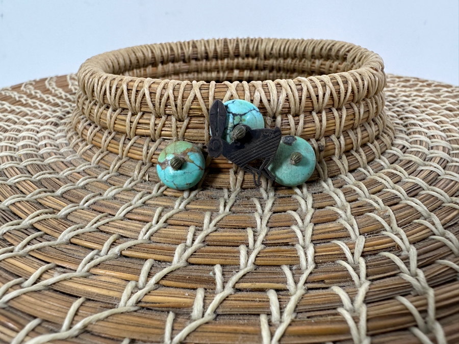 Carol E. Lang Basket With Longleaf Pine Needles, Cotton Yarn And Turquoise Beads 11W X 6H Retails $150 [Photo 3]