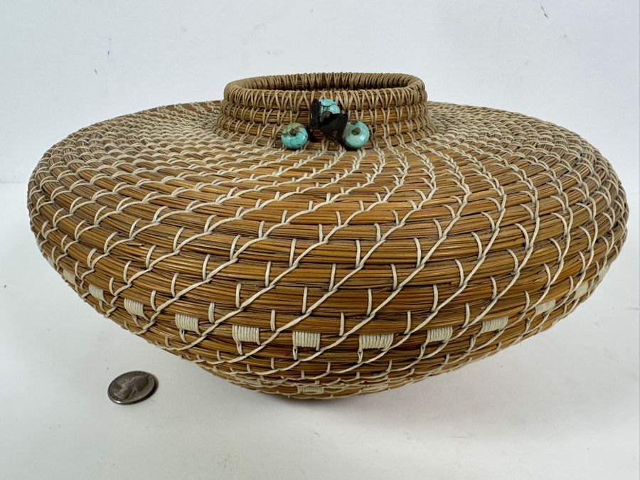 Carol E. Lang Basket With Longleaf Pine Needles, Cotton Yarn And Turquoise Beads 11W X 6H Retails $150 [Photo 2]