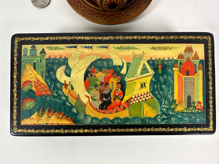 Hand Painted Russian Wooden Lacquer Box 8W X 4D X 1.5H And Hand Painted Russian Wooden Eggs And Dish [Photo 3]