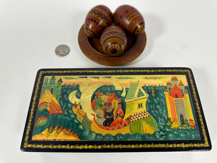 Hand Painted Russian Wooden Lacquer Box 8W X 4D X 1.5H And Hand Painted Russian Wooden Eggs And Dish [Photo 2]