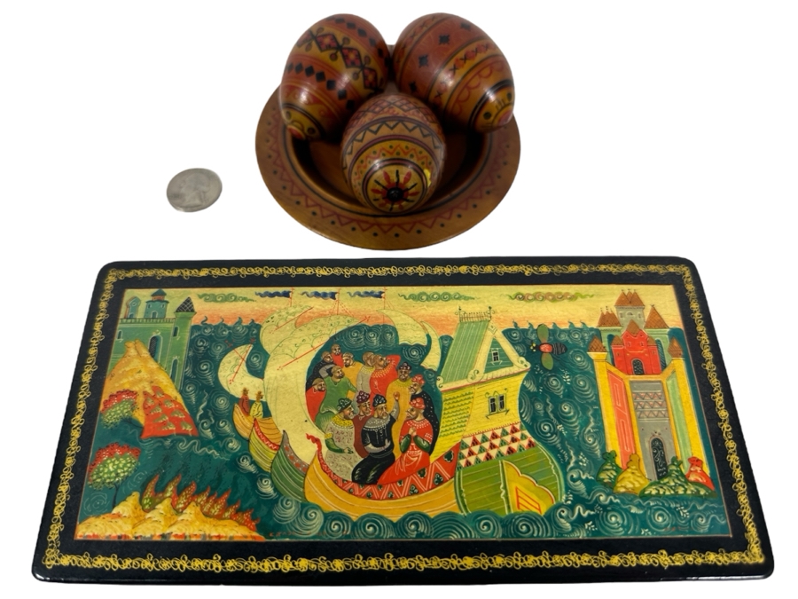 Hand Painted Russian Wooden Lacquer Box 8W X 4D X 1.5H And Hand Painted Russian Wooden Eggs And Dish [Photo 1]